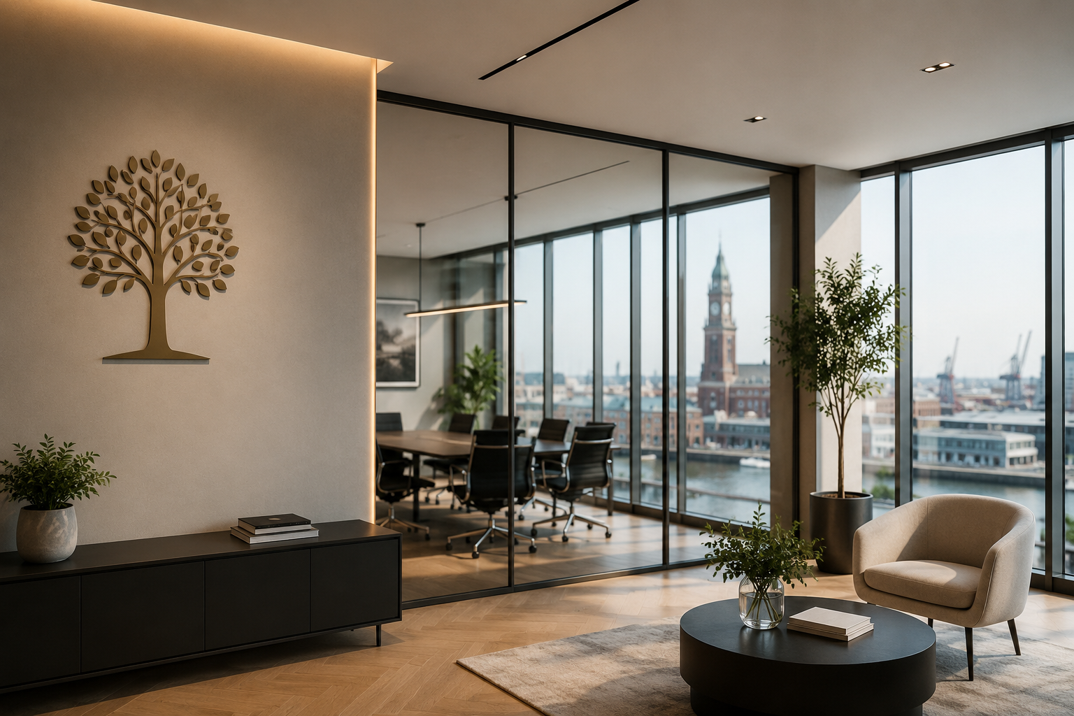 TIMELESS Büro in Hamburg mit goldenem Baum-Logo an der Wand, Konferenzraum und Blick auf den Hafen mit Michel
