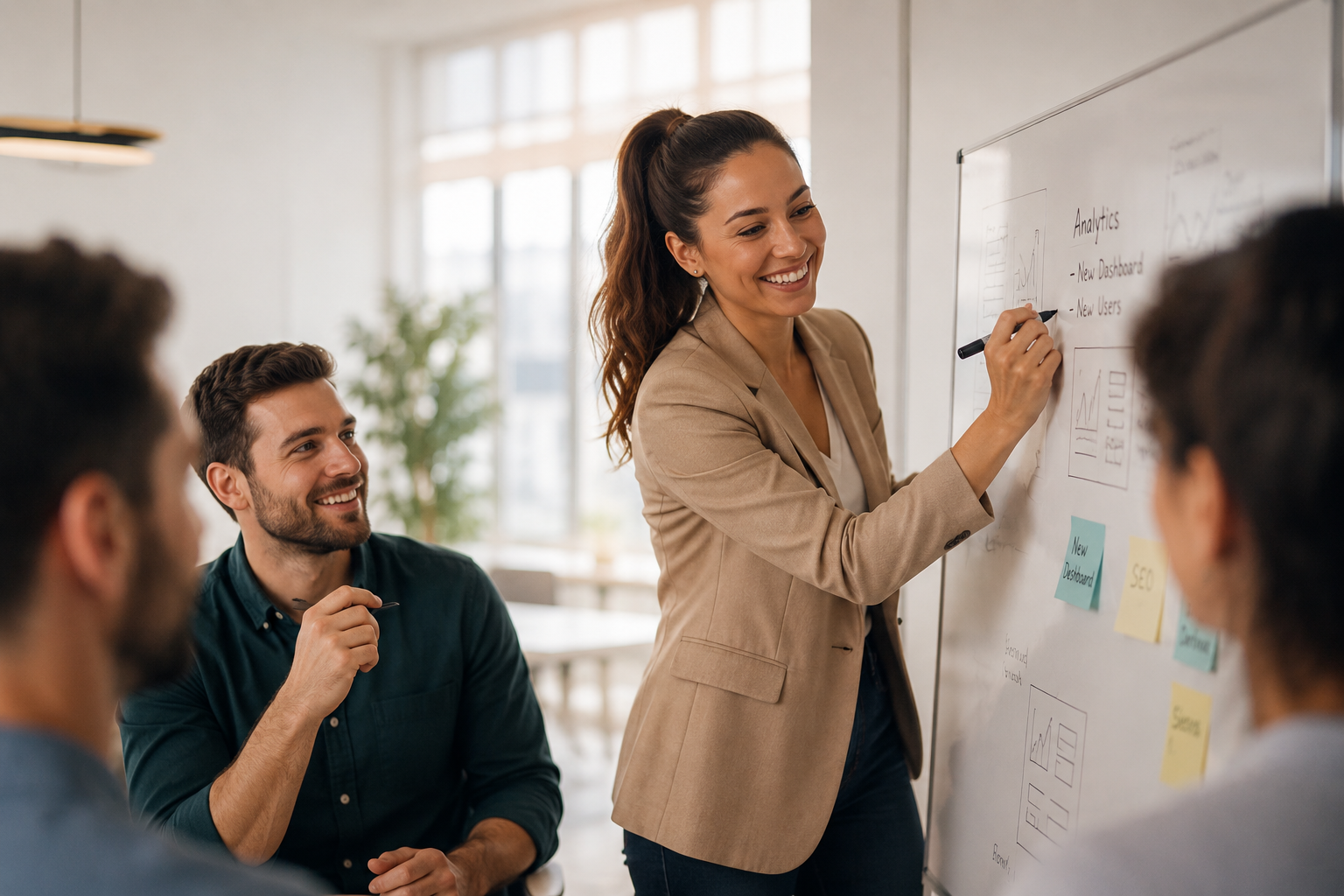 Onboarding in der TIMELESS Akademie: Trainerin erklärt neuen Teammitgliedern die Servicestandards am Whiteboard