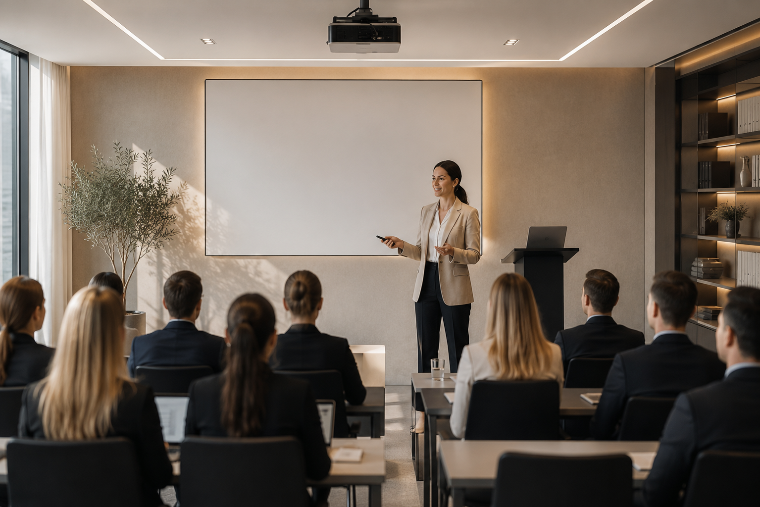 Trainerin der TIMELESS Akademie schult Service-Personal vor Teilnehmern im Seminarraum