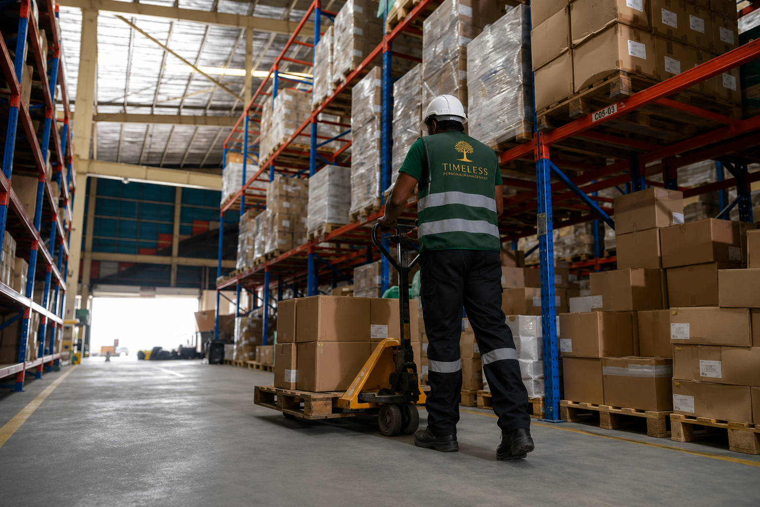 TIMELESS Logistik Mitarbeiter im grünen TIMELESS-Polo mit Warnweste zieht Hubwagen mit Warenpalette durch modernes Hochregallager