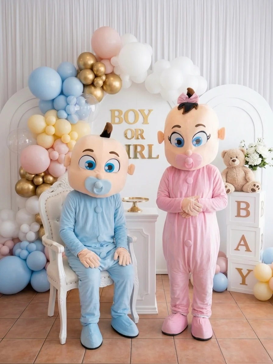 Gender Reveal Setup mit Baby-Maskottchen & Ballondekoration