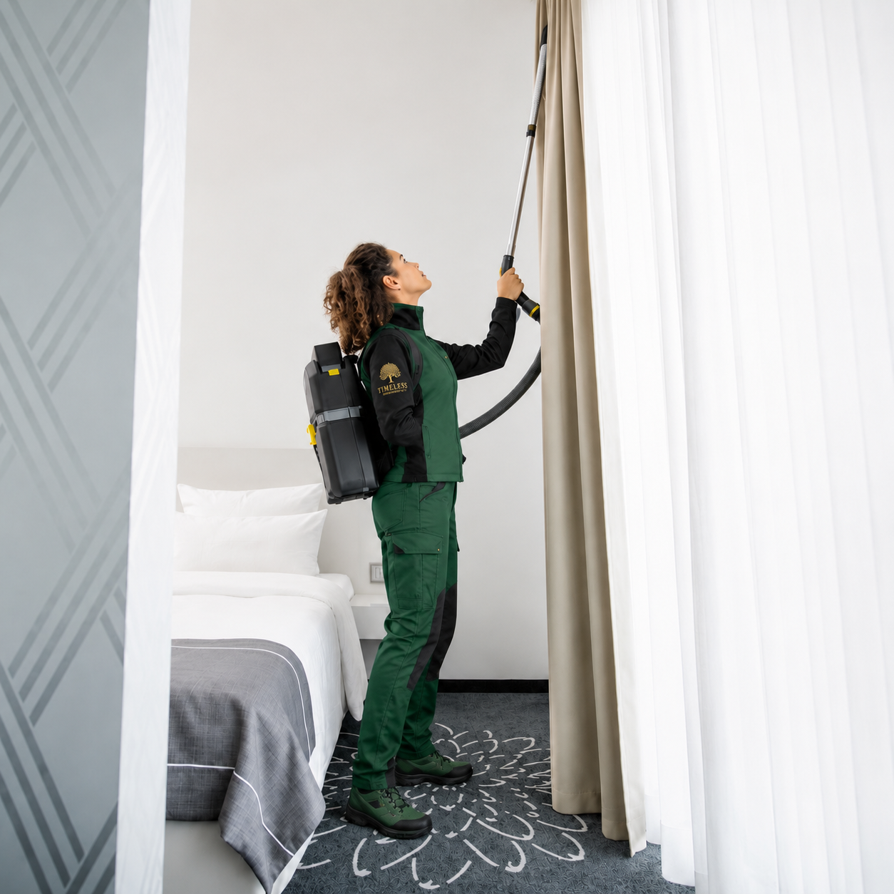 TIMELESS Reinigungskraft mit Rückenstaubsauger im Hotelzimmer