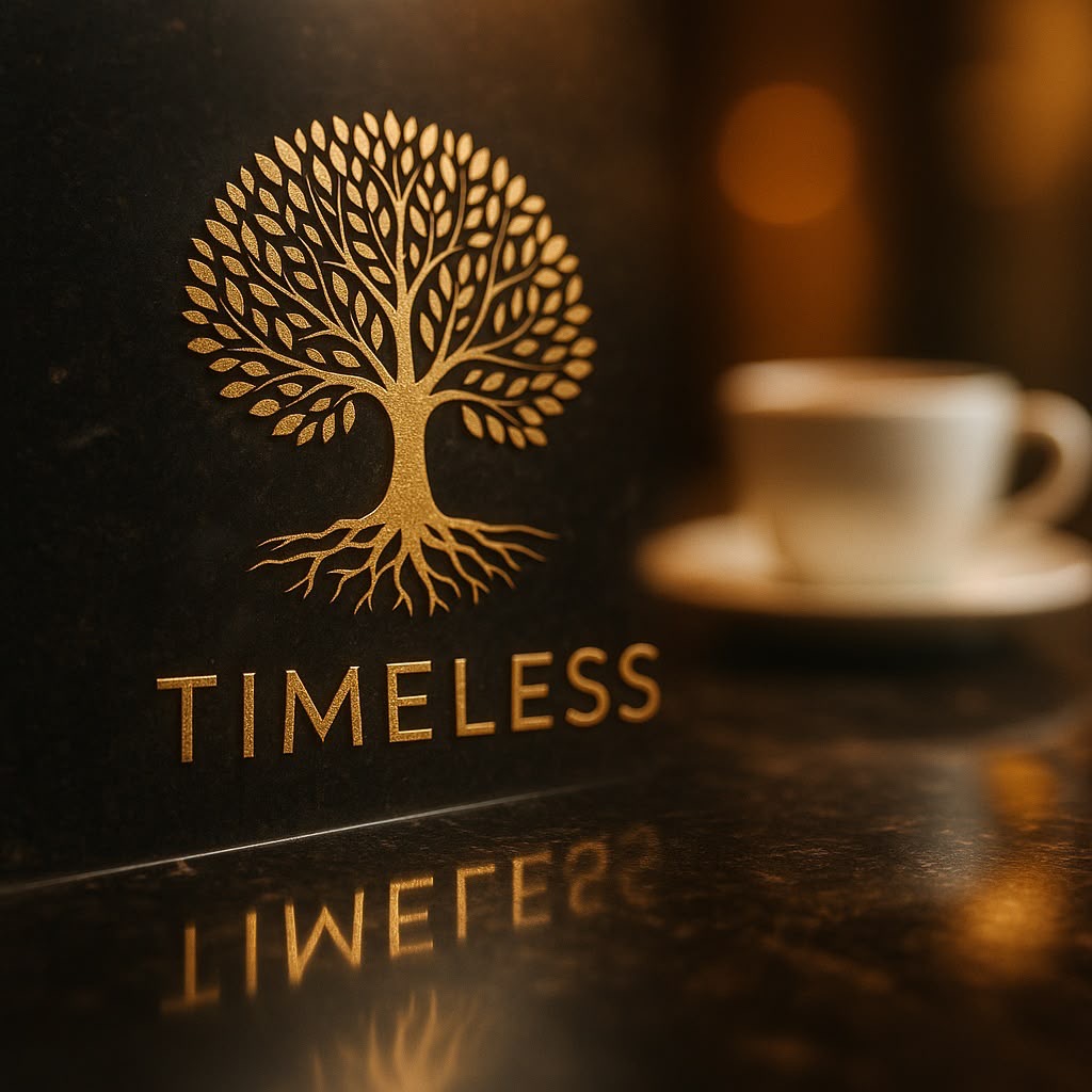 TIMELESS Logo in Gold auf schwarzem Marmor mit Kaffeetasse und Spiegelung