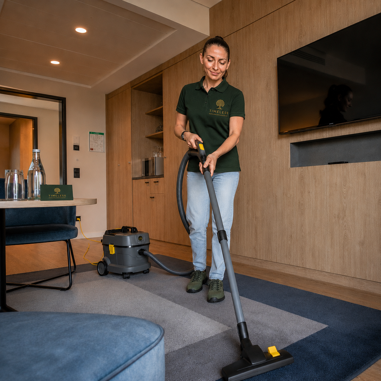 TIMELESS Reinigungskraft bei der Teppichreinigung in Hotelsuite