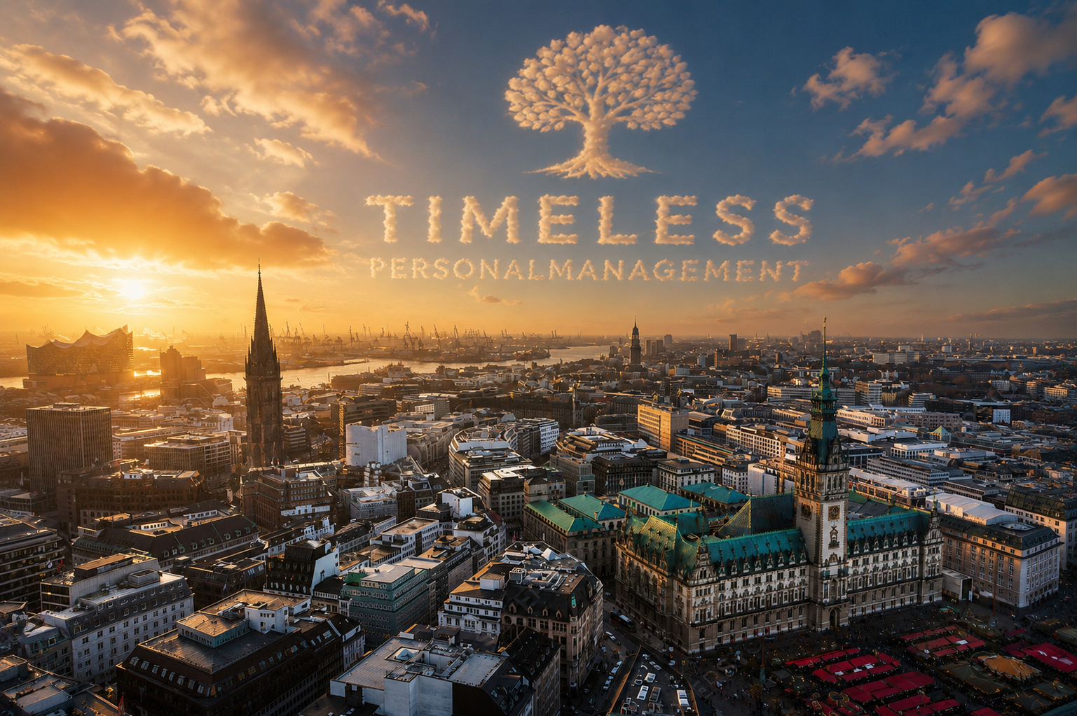TIMELESS Logistik Hamburg – Skyline mit Elbphilharmonie, Rathaus und Hafen im warmen Sonnenlicht, TIMELESS Logo als Wolkenformation am Himmel