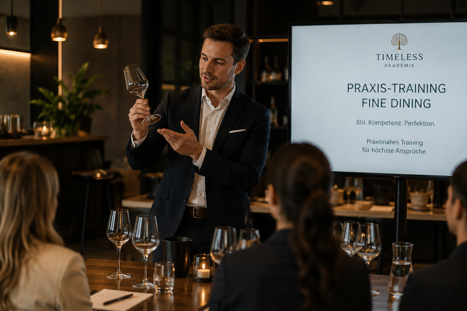 Fine-Dining-Training der TIMELESS Akademie: Trainer erklärt professionelle Glaswaren und Eindeckung