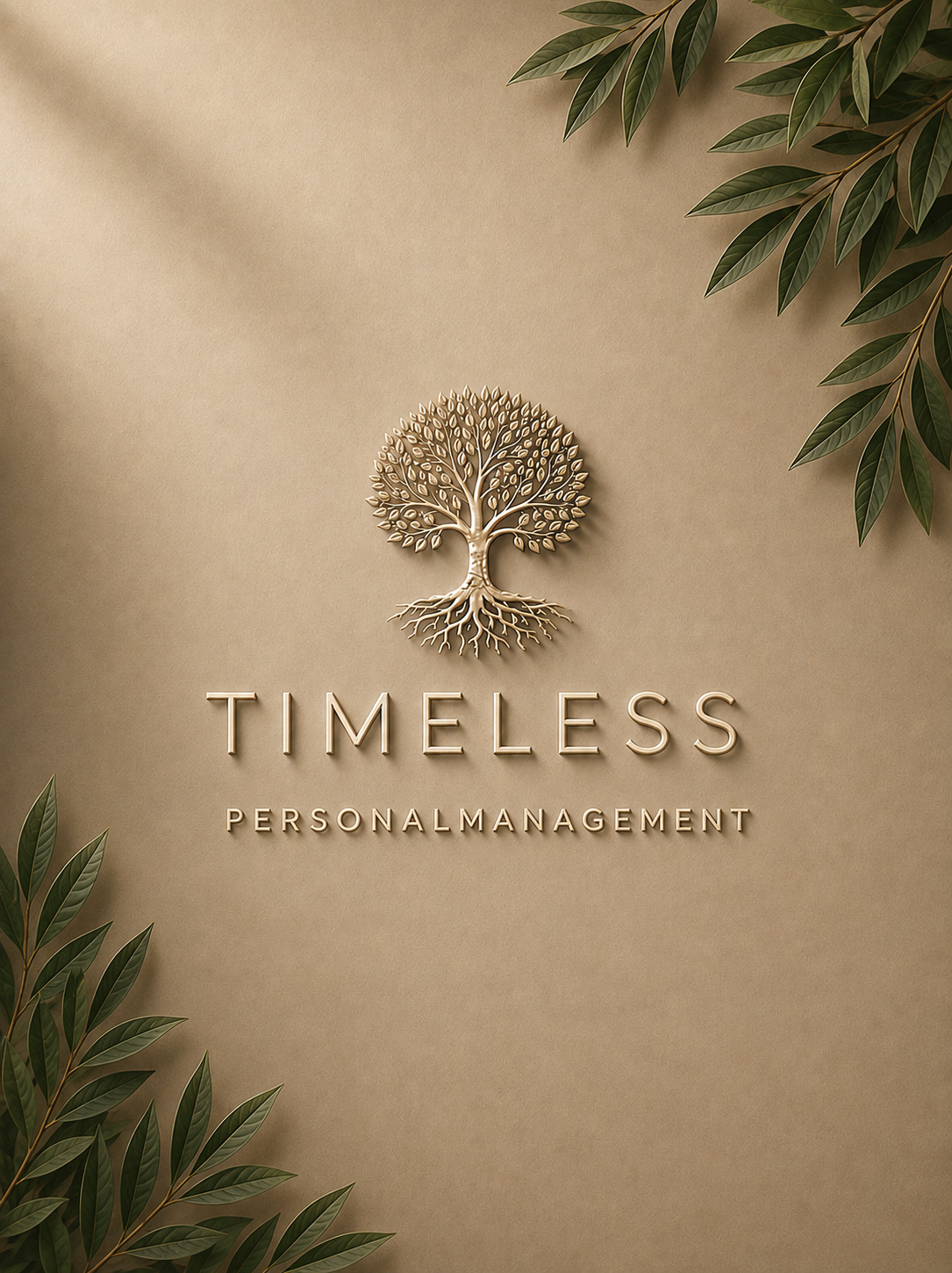 TIMELESS Personalmanagement Logo – goldener Baum mit Wurzeln