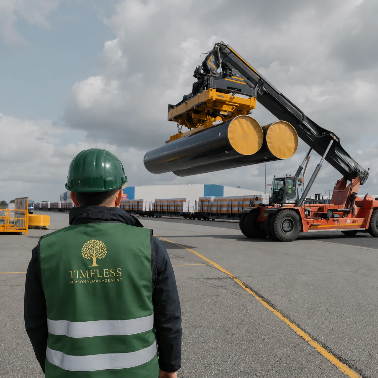 TIMELESS Mitarbeiter mit grüner Warnweste und Helm beobachtet Reachstacker beim Verladen von Stahlrohren im Hafenumschlag