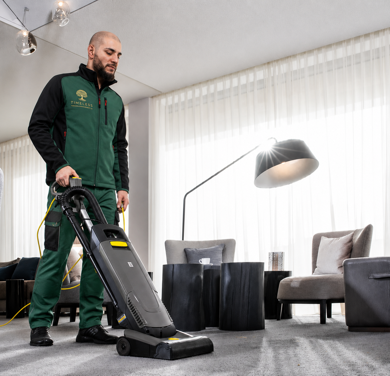 TIMELESS Reinigungskraft im Einsatz in modernem Büro-Loft