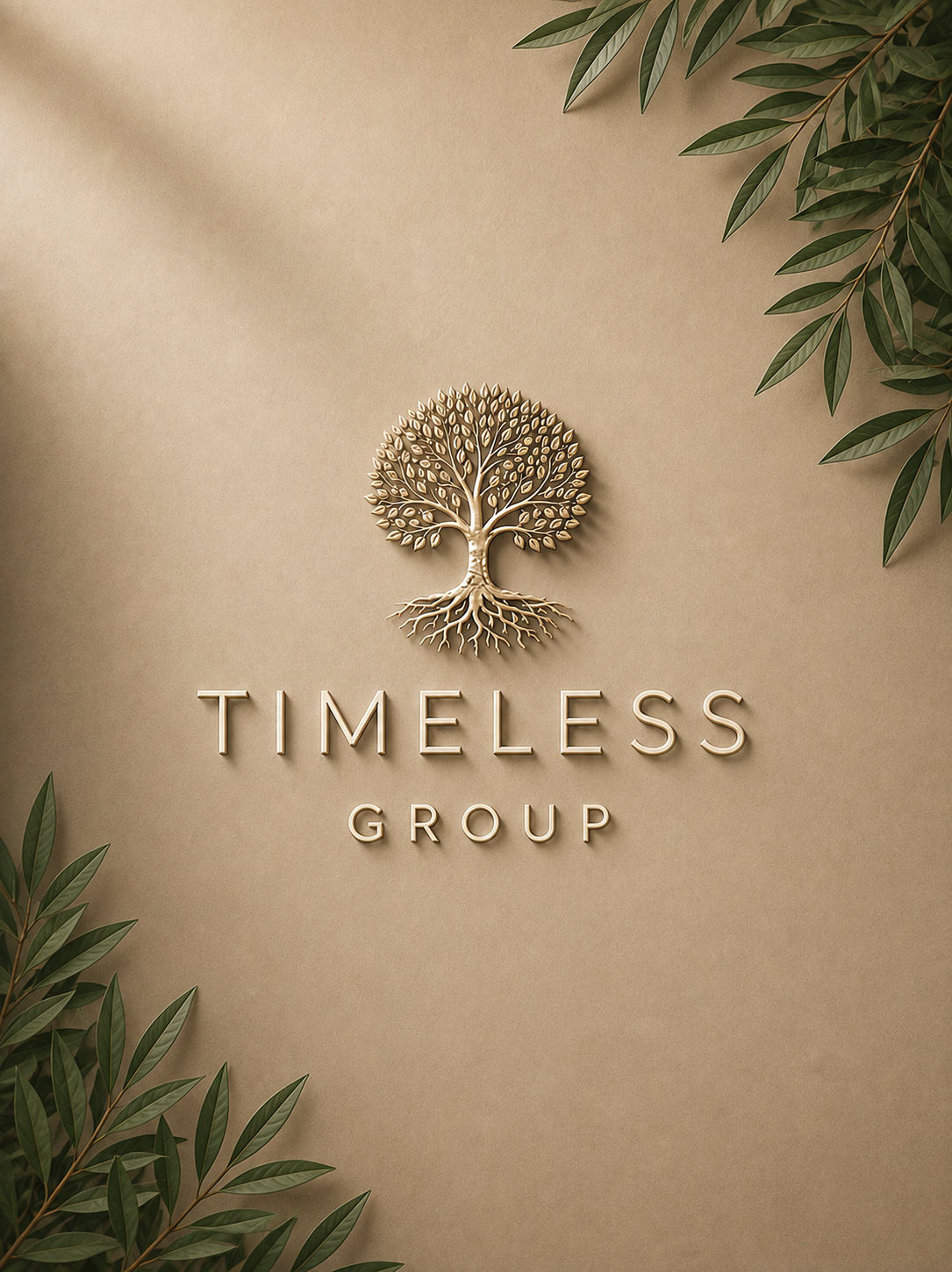TIMELESS Group Logo in Gold mit Baum-Symbol auf beiger Wand, umrahmt von grünen Olivenzweigen