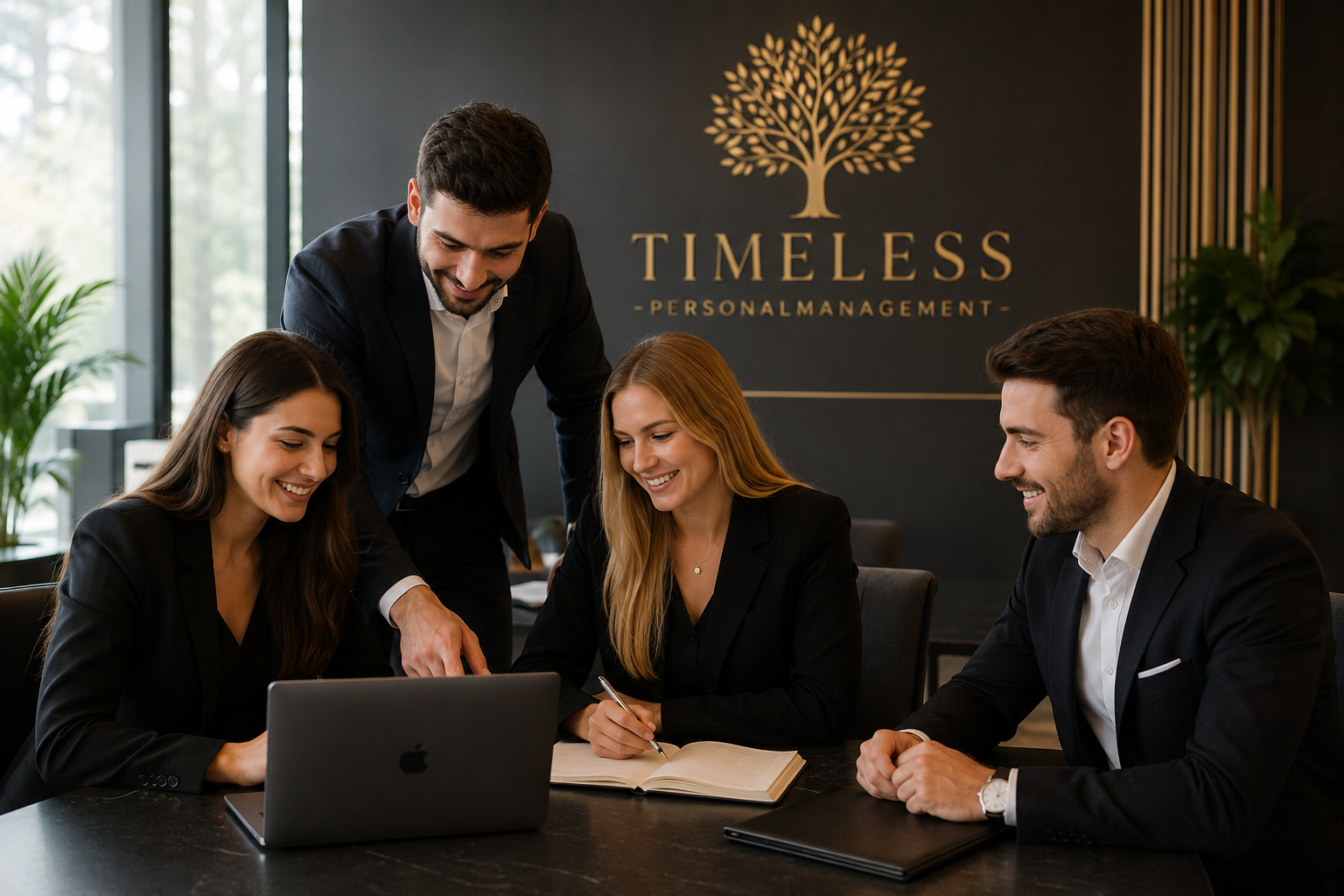 TIMELESS Team im Büro vor dem goldenen TIMELESS Personalmanagement Logo