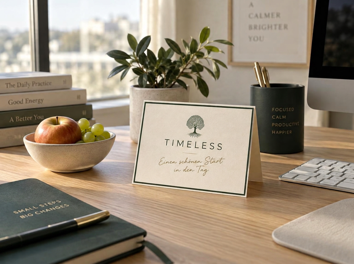 Persönliche TIMELESS Grußkarte mit Motivation auf einem gepflegten Arbeitsplatz
