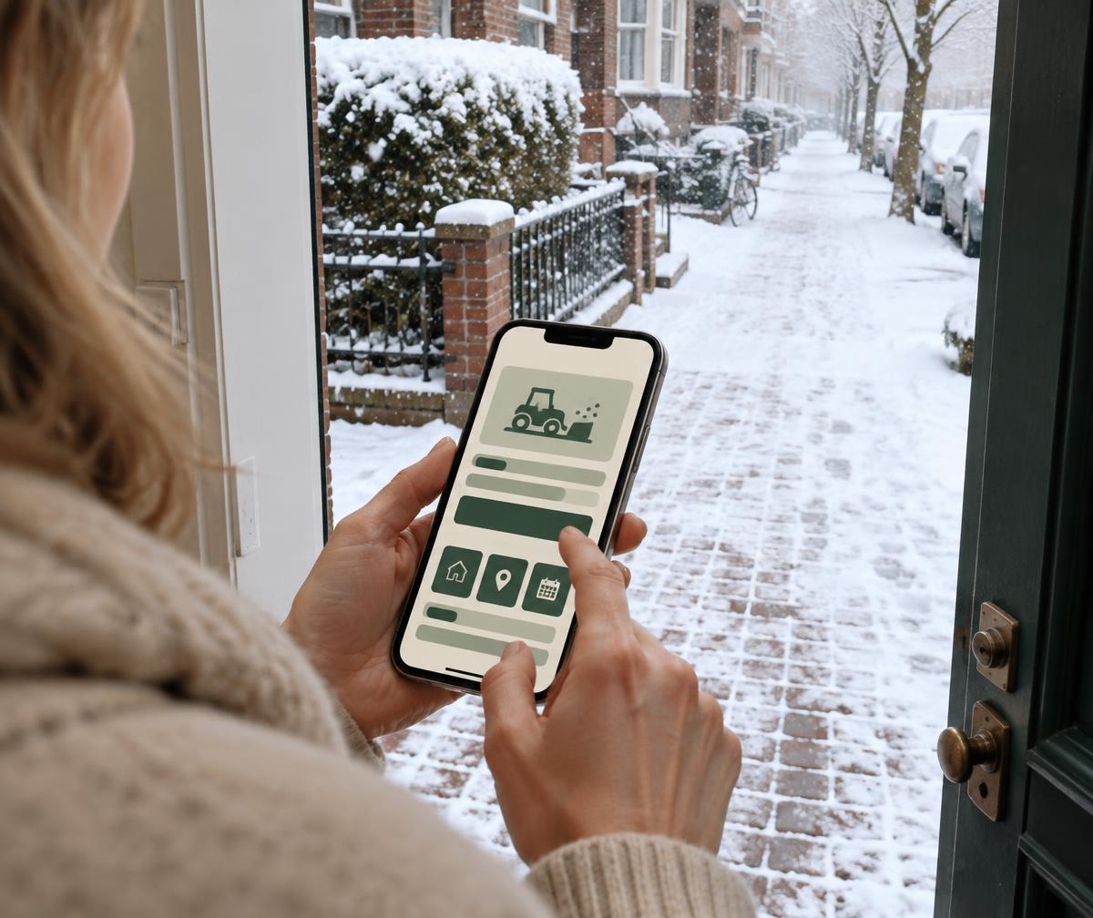 Eine Person fragt per Smartphone Winterdienst an, während draußen Schnee liegt – KI-Beispielfoto