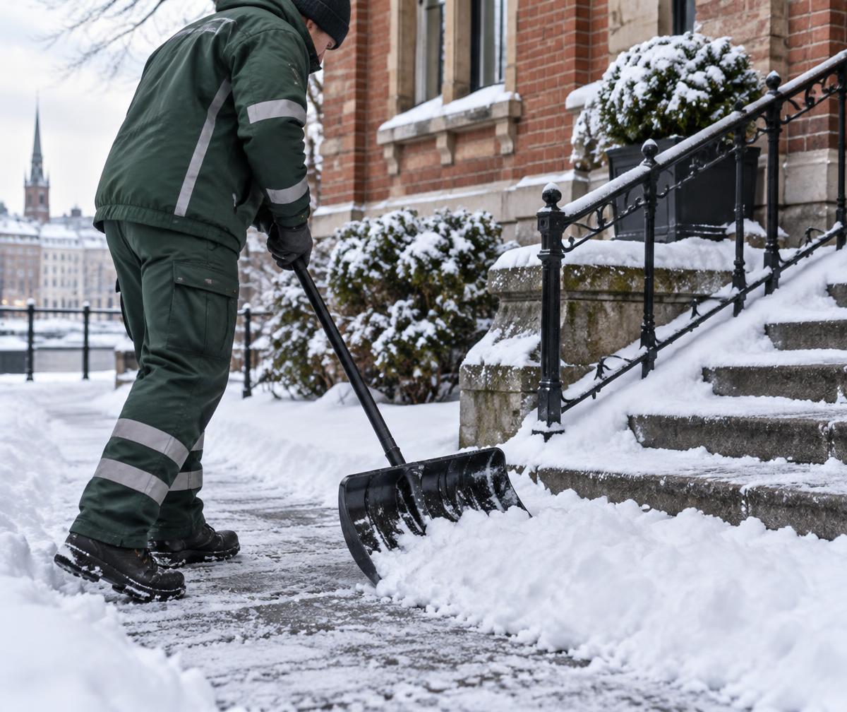Schneeräumung am Hauseingang mit breiter Schneeschaufel – Beispielfoto